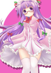 Rule 34 | 1girl, bespectacled, bow, breasts, coat, dress, glasses, hair ribbon, hat, highres, long hair, long sleeves, looking at viewer, medium breasts, open clothes, open coat, patchouli knowledge, purple dress, purple eyes, purple hair, red-framed eyewear, ribbon, solo, striped clothes, striped dress, thighhighs, touhou, tress ribbon, ut pictura poesis, very long hair, white dress, white thighhighs, wide hips, wide sleeves, zettai ryouiki