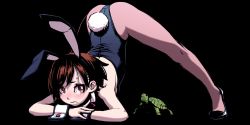 Rule 34 | 1girl, animal ears, ass, black background, black footwear, black leotard, blush, bow, bowtie, brown eyes, brown hair, commentary, detached collar, fake animal ears, full body, high heels, highres, jack-o&#039; challenge, leotard, light frown, looking at viewer, nose blush, original, own hands together, pantyhose, playboy bunny, rabbit ears, rabbit tail, raised eyebrows, red bow, red bowtie, shoes, short hair, simple background, solo, sweatdrop, tail, top-down bottom-up, turtle, wang-pac, wavy mouth, wrist cuffs