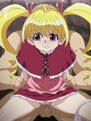 Rule 34 | 1boy, 1girl, biscuit krueger, blonde hair, bow, capelet, censored, clothes lift, doggystyle, dress, dress lift, drill hair, female pubic hair, frills, grabbing another&#039;s arm, hair bow, hair ornament, hetero, highres, hunter x hunter, low drills, mosaic censoring, panties, panties around leg, penis, pink dress, pubic hair, pussy juice, red capelet, red dress, red eyes, salmon knight, sex, sex from behind, solo focus, spread legs, twintails, two-tone dress, underwear, vaginal, white panties