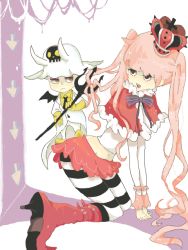 Rule 34 | 1boy, 1girl, capelet, one piece, perona, pink hair, polearm, red footwear, saldeath, shoes, short cape, size difference, striped legwear, trident, twintails, weapon