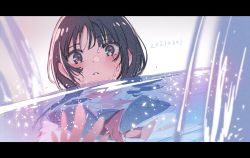 Rule 34 | 1girl, black eyes, black hair, dutch angle, highres, hmng, looking at viewer, partially submerged, school uniform, short hair, solo, water
