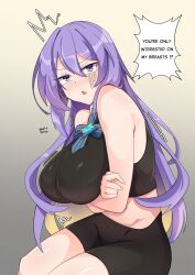 Rule 34 | 1girl, black shorts, black tank top, blonde hair, breasts, colored inner hair, english text, highres, hololive, hololive indonesia, large breasts, long hair, looking at viewer, moona hoshinova, moona hoshinova (1st costume), multicolored hair, myumi, purple hair, shorts, solo, starry hair, tank top, virtual youtuber