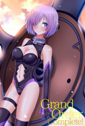 Rule 34 | 1girl, arms at sides, backlighting, bare shoulders, black gloves, black leotard, black thighhighs, breasts, cleavage, cleavage cutout, clothing cutout, cloud, collar, commentary request, copyright name, cowboy shot, ediblepanda, elbow gloves, fate (series), gloves, hair over one eye, leotard, looking at viewer, mash kyrielight, medium breasts, navel, navel cutout, oversized object, pink hair, purple eyes, shield, shiny skin, short hair, solo, stomach, tareme, thigh strap, thighhighs, thighs