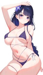 Rule 34 | 1girl, arm up, armpits, bikini, blue flower, blue hair, blue nails, blush, braid, breasts, collarbone, commentary request, commission, fingernails, flower, genshin impact, gin00, hair flower, hair ornament, highres, large breasts, long hair, looking at viewer, low-braided long hair, low-tied long hair, md5 mismatch, nail polish, navel, parted lips, pixiv commission, purple bikini, purple eyes, raiden shogun, resolution mismatch, side-tie bikini bottom, simple background, solo, source smaller, swimsuit, thigh strap, thighs, wet, white background