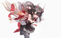 Rule 34 | 1girl, azur lane, bell, black dress, black hair, black pantyhose, breasts, detached collar, dress, fang, hatsuzuki (azur lane), highres, holding, holding sheath, holding sword, holding weapon, horns, japanese clothes, jingle bell, katana, long hair, looking at viewer, nekojira, oni horns, open mouth, pantyhose, red eyes, sheath, simple background, skin fang, slashing, small breasts, smile, solo, sword, weapon, white background