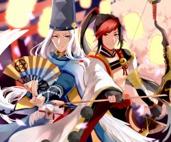 Rule 34 | 2boys, abe no seimei (onmyoji), arrow (projectile), beads, black hair, blue eyes, bow (weapon), chinese clothes, closed mouth, collar, hand fan, hat, high ponytail, holding, holding arrow, holding bow (weapon), holding fan, holding weapon, japanese clothes, jewelry, long hair, long sleeves, looking at viewer, male focus, minamoto no hiromasa, multicolored hair, multiple boys, onmyoji, ponytail, red eyes, red hair, standing, tate eboshi, tiyi (tiyi a09), two-tone hair, weapon, white hair