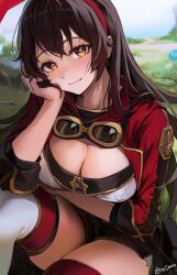 Rule 34 | 1girl, alternate breast size, amber (genshin impact), black hair, blush, boots, breasts, brown shorts, cleavage, closed mouth, furizuu20, genshin impact, goggles, goggles around neck, hairband, highres, large breasts, long hair, long sleeves, looking at viewer, outdoors, red hairband, red thighhighs, short shorts, shorts, sitting, smile, solo, thigh boots, thighhighs, thighhighs under boots, thighs, twitter username, white footwear, yellow eyes