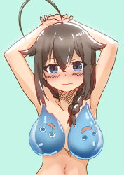 Rule 34 | 1girl, absurdres, ahoge, armpits, arms up, black hair, blue eyes, blush, braid, breasts, closed mouth, collarbone, commentary request, crossover, furrowed brow, green background, hair between eyes, hair flaps, hair over shoulder, hatching (texture), highres, huge ahoge, kantai collection, long hair, looking at viewer, medium breasts, navel, nose blush, nude, own hands together, shigure (kancolle), simple background, single braid, slime (creature), slime (substance), solo, upper body, wavy eyebrows