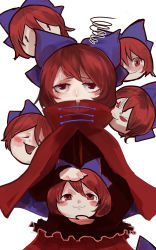 Rule 34 | 1girl, :3, biting, black shirt, blue bow, blush, bow, cloak, closed mouth, commentary request, cowboy shot, disembodied head, hair bow, highres, holding head, jonasan (bad-t), long sleeves, one-hour drawing challenge, open mouth, red cloak, red eyes, red hair, red skirt, sekibanki, shirt, short hair, simple background, skirt, smile, solo, squiggle, touhou, wavy mouth, white background, yukkuri shiteitte ne
