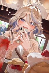 Rule 34 | 1boy, 1girl, absurdres, ahoge, bag, blue eyes, blue hair, blush, brown cardigan, cardigan, cellphone, cream puff, dasha, drink, dutch angle, fingernails, food, food request, fruit, furina (genshin impact), genshin impact, hand up, heart, heart-shaped pupils, highres, holding, holding phone, indoors, juice, long hair, neuvillette (genshin impact), phone, shirt, shoulder bag, smartphone, sparkle, strawberry, symbol-shaped pupils, taking picture, upper body, wavy hair, white hair, white shirt