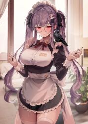 Rule 34 | 1girl, apron, bird, black nails, blush, breasts, commentary, crow, glasses, hands up, highres, indoors, large breasts, long hair, long sleeves, looking at viewer, maid, maid headdress, nail polish, original, plant, purple hair, red eyes, solo, symbol-only commentary, thighhighs, thighs, twintails, white apron, white thighhighs, zerocat