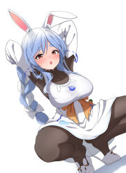 Rule 34 | 1girl, absurdres, animal ear fluff, animal ears, animal slippers, arms up, black bodysuit, blue hair, blush, bodysuit, bow, braid, braided ponytail, breasts, dress, eru (l illust45), full body, hair bow, highres, hololive, large breasts, long hair, looking at viewer, mature female, multicolored hair, pantyhose, pekomama, rabbit ears, rabbit girl, short eyebrows, slippers, solo, spread legs, squatting, tiptoes, two-tone hair, virtual youtuber, white bow, white dress, white footwear, white hair