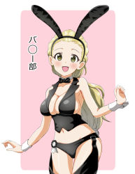 Rule 34 | 1girl, adapted costume, animal ears, black bow, black bowtie, black panties, blonde hair, blush, bo (bo), border, bow, bowtie, breasts, cleavage, cowboy shot, detached collar, fake animal ears, girls und panzer, green eyes, groin, large breasts, leotard, long hair, looking at viewer, meme attire, navel, open mouth, outside border, panties, pink background, playboy bunny, ponytail, rabbit ears, rabbit tail, reverse bunnysuit, reverse outfit, sasaki akebi, simple background, smile, solo, standing, tail, underwear, upper body, white border