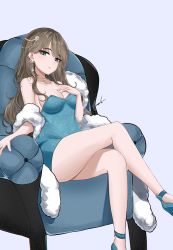 Rule 34 | 1girl, absurdres, bare legs, bare shoulders, blue eyes, breasts, brown hair, chair, cleavage, collarbone, commentary, commission, couch, covered navel, crossed legs, dress, earrings, english commentary, feint721, forehead, fur scarf, hair ornament, hair over shoulder, hand on own chest, high heels, highres, jewelry, long hair, looking at viewer, medium breasts, necklace, original, parted bangs, parted lips, scarf, signature, simple background, sitting, solo, strapless, strapless dress, thighs, white background