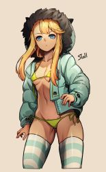 Rule 34 | 1girl, absurdres, aqua jacket, aqua stripes, aqua thighhighs, artist name, bikini, blonde hair, blue eyes, breasts, collarbone, commentary request, cowboy shot, cropped legs, destiny child, eshu (destiny child), flower-shaped pupils, frown, fur-trimmed hood, fur trim, green bikini, highres, hood, hooded jacket, jacket, korean commentary, linea alba, long hair, navel, open clothes, open jacket, original, side-tie bikini bottom, sidelocks, signature, simple background, small breasts, solo, stoll (tmxhf), stomach, string bikini, striped clothes, striped thighhighs, swimsuit, symbol-shaped pupils, thighhighs, underboob, white thighhighs