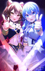 Rule 34 | 2girls, :d, absurdres, animal ears, blue bow, blue bowtie, blue eyes, blue hair, blue ribbon, bow, bowtie, braid, brown hair, commission, cowboy shot, dog ears, dog hair ornament, dress, hair ornament, hair ribbon, hand up, heterochromia, highres, hololive, hololive idol uniform, hoshimachi suisei, idol clothes, inui toko, jacket, long hair, long sleeves, looking at viewer, multiple girls, nijisanji, official alternate costume, open clothes, open jacket, open mouth, pointing, red eyes, ribbon, shinomiya shino (sinosino141), side ponytail, signature, skeb commission, smile, standing, virtual youtuber, yellow eyes