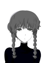 Rule 34 | 1girl, absurdres, amane suzuha, breasts, grey hair, greyscale, highres, long sleeves, looking at viewer, monochrome, portrait, simple background, solo, steins;gate, white background