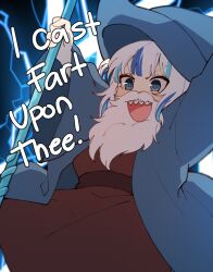 Rule 34 | 1girl, arms up, blue eyes, blue hair, blue hat, english text, fake beard, fake facial hair, gawr gura, hat, highres, hololive, hololive english, looking at viewer, mittsu, multicolored hair, open mouth, sharp teeth, short hair, solo, teeth, upper teeth only, virtual youtuber, white hair, wizard hat