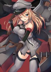 Rule 34 | 10s, 1girl, absurdres, bismarck (kancolle), black panties, blonde hair, blue eyes, cross, gloves, grey thighhighs, hair between eyes, hat, highres, iron cross, jewelry, kantai collection, long hair, machinery, metindone, neck ring, no pants, one eye closed, open mouth, panties, pantyshot, peaked cap, red background, simple background, smile, solo, standing, thighhighs, turret, underwear, uniform