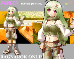 Rule 34 | blush, camouflage, green hair, hair ornament, hairpin, hand on own hip, long hair, multiple views, ragnarok online, ranger, ranger (ragnarok online), smile, standing