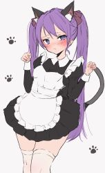 Rule 34 | 1girl, alternate costume, animal ear fluff, animal ears, apron, black dress, blush, breasts, cat ears, cat tail, chigasaki yukari, closed mouth, dress, enmaided, frills, grey background, hair ribbon, highres, hiiragi kagami, long hair, long sleeves, lucky star, maid, medium breasts, paw pose, paw print, purple eyes, ribbon, simple background, solo, sweat, tail, thighhighs, twintails, very long hair, white apron, white thighhighs