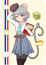 Rule 34 | 1girl, :3, alternate costume, animal ears, ascot, beret, black pantyhose, blouse, book, cheese, food, french flag, french text, grey hair, hand on headwear, hat, highres, looking at viewer, mouse (animal), mouse ears, mouse tail, nazrin, pantyhose, petticoat, pink background, red eyes, sash, shirt, short hair, simple background, skirt, smile, solo, standing, striped clothes, striped skirt, tail, touhou, udensha, uudensha