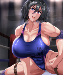 Rule 34 | 1girl, alternate breast size, alternate costume, black hair, boxing ring, breasts, cleavage, competition swimsuit, curvy, female focus, highres, huge breasts, looking at viewer, mikasa ackerman, muscular, muscular female, one-piece swimsuit, open mouth, puripuri jet, pussy, shingeki no kyojin, skindentation, solo, spread legs, steaming body, sweat, sweatdrop, swimsuit, thick thighs, thigh strap, thighs, wrestling outfit, wrestling ring
