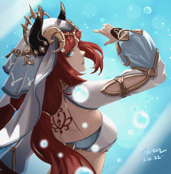 Rule 34 | 1girl, arm up, back, blue eyes, breasts, dancer, dancing, eyebrows hidden by hair, fake horns, genshin impact, highres, horns, long hair, looking at viewer, looking back, medium breasts, nilou (genshin impact), ponytail, red hair, silberein, smile, solo, tattoo, twintails, upper body, veil