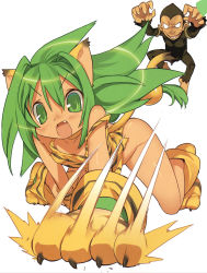 Rule 34 | 1girl, animal ears, animal hands, animal print, blade (galaxist), cat ears, cat tail, cham cham, fang, gloves, green eyes, green hair, long hair, no panties, open mouth, paku paku, paw gloves, paw shoes, queen&#039;s blade, queen&#039;s gate, samurai spirits, shoes, simple background, snk, tail, tiger print, white background