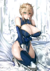 Rule 34 | 1girl, absurdres, artoria pendragon (fate), artoria pendragon (lancer) (fate), bare shoulders, blue gloves, blue legwear, blue leotard, blurry, blurry background, blush, braid, breast hold, breasts, chain, cleavage, cleavage cutout, closed mouth, clothing cutout, crown, embarrassed, eyebrows, fate/grand order, fate (series), french braid, full body, fur trim, gloves, green eyes, groin, hair between eyes, highres, jewelry, kneeling, large breasts, legs, leotard, long hair, looking at viewer, misaka 12003-gou, sidelocks, simple background, solo, thighs, white background