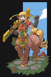 Rule 34 | 1girl, :d, animal ears, armor, belt, blonde hair, blunt bangs, blush stickers, bow (weapon), breastplate, centaur, crossbow, freckles, gloves, grass, green eyes, horse ears, hushabye, long hair, looking at viewer, monster girl, mushroom, open mouth, original, over shoulder, pauldrons, pointy ears, ponytail, shoulder armor, smile, solo, tabard, tail, taur, teeth, waving, weapon, weapon over shoulder