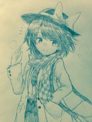 Rule 34 | 1girl, :d, ^^^, belt, blush, bow, buttons, checkered clothes, checkered scarf, commentary request, cowboy shot, efukei, hand in pocket, hand up, hat, hat bow, highres, long sleeves, looking at viewer, monochrome, necktie, nose blush, one-hour drawing challenge, open mouth, scarf, short hair, smile, solo, touhou, traditional media, unbuttoned, usami renko