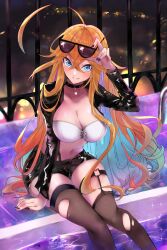 Rule 34 | 1girl, absurdres, ahoge, arielle (vtuber), black nails, blonde hair, blue eyes, blush, breasts, garter straps, highres, jacket, large breasts, latex, long hair, multicolored hair, nails, navel, night, shorts, sitting, smile, sunglasses, sunglasses on head, suspenders, teeth, thighhighs, torn clothes, virtual youtuber, water, zipper