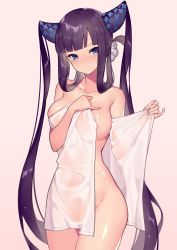 Rule 34 | 1girl, areola slip, blue eyes, blunt bangs, breasts, cowboy shot, fate/grand order, fate (series), highres, long hair, naked towel, panye, pink background, purple hair, sidelocks, solo, towel, twintails, very long hair, wide hips, yang guifei (fate), yang guifei (second ascension) (fate)