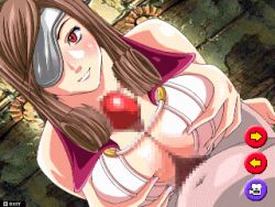 Rule 34 | 00s, 1boy, 1girl, animated, animated gif, beatrix, blush, breasts, brown hair, censored, eyepatch, final fantasy, final fantasy ix, hands on own chest, hetero, large breasts, lowres, mosaic censoring, paizuri, paizuri under clothes, penis, qvga, red eyes, shiny skin, smile, trinitron cg