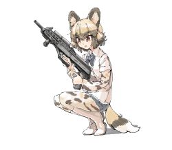 Rule 34 | 10s, 1girl, african wild dog (kemono friends), african wild dog print, animal ears, boots, bow, bowtie, brown hair, bullpup, collared shirt, dog ears, dog tail, full body, gun, highres, kemono friends, light brown hair, long sleeves, multicolored hair, omnisucker, pantyhose, shirt, short hair, short sleeves, simple background, solo, squatting, tail, weapon, white background