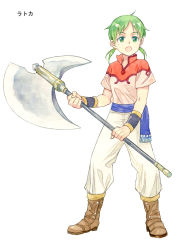 Rule 34 | 1girl, agahari, arm guards, axe, boots, brown footwear, child, full body, green eyes, green hair, holding, holding axe, holding polearm, holding weapon, legs apart, looking afar, lost technology, low twintails, non-web source, open mouth, pants, polearm, popped collar, sash, short sleeves, simple background, solo, standing, twintails, two-handed, weapon, white background, white pants