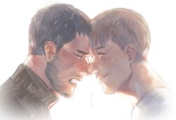 Rule 34 | 2boys, black hair, black shirt, brown hair, chris redfield, closed eyes, closed mouth, crying, facial hair, gge (gebback dark), looking at another, male focus, multiple boys, open mouth, piers nivans, resident evil, resident evil 6, sad, scar, scar on face, shirt, short hair, simple background, streaming tears, tears, white background, white shirt
