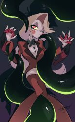 Rule 34 | 1boy, 1girl, alastor (hazbin hotel), blonde hair, bound, bound arms, charlie morningstar, colored sclera, commentary request, formal, grabbing, grabbing from behind, hazbin hotel, holding hands, long hair, one eye closed, red eyes, suit, tentacles, tokages, yellow sclera