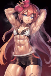 Rule 34 | 1girl, abs, armpits, arms behind head, arms up, bikini, blue eyes, breasts, dark background, dripping, duel monster, flower, gradient background, gym shorts, hair flower, hair ornament, long hair, muscular, muscular female, pink hair, pointy ears, shorts, simple background, small breasts, solo, standing, sweat, swimsuit, toned, tongue, tongue out, traptrix rafflesia, very sweaty, yilx, yu-gi-oh!