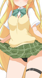 Rule 34 | 1girl, :o, absurdres, black panties, blonde hair, blush, bow, breasts, collared shirt, commentary request, green bow, green skirt, head out of frame, highres, konjiki no yami, long hair, momio, panties, pantyshot, parted lips, pleated skirt, school uniform, shirt, short sleeves, simple background, skindentation, skirt, small breasts, solo, standing, sweater vest, thighs, to love-ru, underwear, very long hair, white background, white shirt