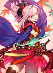 Rule 34 | 1girl, ahoge, ass, black thighhighs, blue eyes, bright pupils, cowboy shot, cropped, detached sleeves, earrings, fate/grand order, fate (series), fire, from behind, hair intakes, hair ornament, highres, japanese clothes, jewelry, katana, leaf, long sleeves, looking back, maple leaf, miyamoto musashi (fate), miyamoto musashi (third ascension) (fate), obi, open mouth, pink hair, ponytail, sash, sidelocks, simple background, skirt, smile, solo, sword, thighhighs, weapon, wide sleeves, yangsion