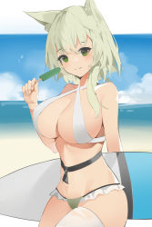 Rule 34 | 1girl, absurdres, alternate breast size, animal ear fluff, animal ears, arknights, beach, bikini, blue sky, blush, breasts, cat ears, cleavage, closed mouth, cowboy shot, criss-cross halter, curryzcy, day, food, green bikini, green eyes, green hair, halterneck, highres, holding, holding food, kal&#039;tsit (arknights), large breasts, long hair, looking at viewer, mismatched bikini, outdoors, popsicle, single thighhigh, sky, smile, solo, surfboard, swimsuit, thighhighs, white bikini, white thighhighs