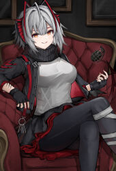 Rule 34 | 1girl, absurdres, ahoge, antennae, arknights, armchair, black gloves, black pantyhose, black scarf, black skirt, breasts, chair, commentary, crossed arms, crossed legs, demon girl, demon horns, explosive, feet out of frame, fingerless gloves, gloves, grenade, grey hair, grey shirt, grin, hair between eyes, highres, horns, indoors, jacket, large breasts, looking at viewer, miniskirt, nail polish, open clothes, open jacket, orange eyes, pantyhose, parted lips, picture frame, rain (rain8649), red nails, scar, scar on arm, scarf, shirt, short hair, sitting, skirt, smile, solo, thighs, two-sided fabric, two-sided skirt, w (arknights)