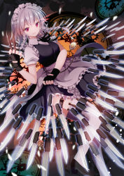 Rule 34 | &gt;:), 1girl, apron, between fingers, black dress, black gloves, black ribbon, bow, braid, dress, fingerless gloves, givuchoko, gloves, green bow, hair bow, highres, holding, holding knife, izayoi sakuya, knife, knives between fingers, looking at viewer, maid, maid headdress, neck ribbon, parted lips, pocket watch, puffy short sleeves, puffy sleeves, red eyes, ribbon, short sleeves, silver hair, solo, thigh strap, thighhighs, touhou, twin braids, v-shaped eyebrows, waist apron, watch, white thighhighs