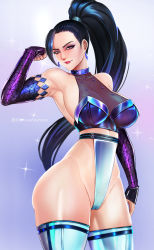 Rule 34 | 1girl, badcompzero, bare shoulders, black hair, breasts, commentary, earrings, elbow gloves, gloves, high ponytail, highres, jewelry, k/da (league of legends), k/da kai&#039;sa, kai&#039;sa, large breasts, league of legends, leotard, lips, lipstick, long hair, makeup, purple eyes, sideboob, skindentation, solo, thighs