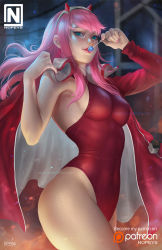 Rule 34 | 1girl, armpits, artist name, breasts, candy, commentary, covered erect nipples, covered navel, darling in the franxx, english commentary, eyeshadow, food, green eyes, hair between eyes, hairband, horns, jacket, jacket on shoulders, leotard, lollipop, long hair, looking at viewer, makeup, medium breasts, nail polish, nopeys, oni horns, patreon logo, pink hair, pink nails, red horns, red leotard, signature, solo, straight hair, thighs, white hairband, zero two (darling in the franxx)