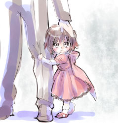Rule 34 | 1boy, 1girl, aged down, baby, child, crying, dress, grey eyes, hood, hugging another&#039;s leg, iesupa, out of frame, ruby rose, rwby, short hair