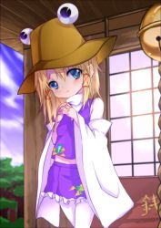 Rule 34 | 1girl, bell, blonde hair, blue eyes, blush, detached sleeves, female focus, hat, karlwolf, midriff, moriya suwako, navel, own hands clasped, own hands together, pantyhose, rope, shy, skirt, solo, touhou, white pantyhose