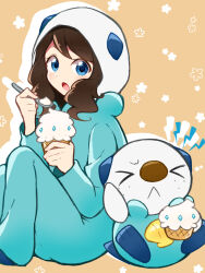 Rule 34 | &gt; &lt;, 1girl, :&lt;, :o, alternate costume, blue eyes, brain freeze, brown hair, closed mouth, commentary request, cosplay, creatures (company), eating, food, game freak, gen 5 pokemon, highres, hilda (pokemon), holding, holding spoon, hood, hood up, ice cream, ice cream cone, looking at viewer, mijumaruko, nintendo, onesie, open mouth, oshawott, oshawott (cosplay), pokemon, pokemon (creature), pokemon bw, sidelocks, spoon, tongue